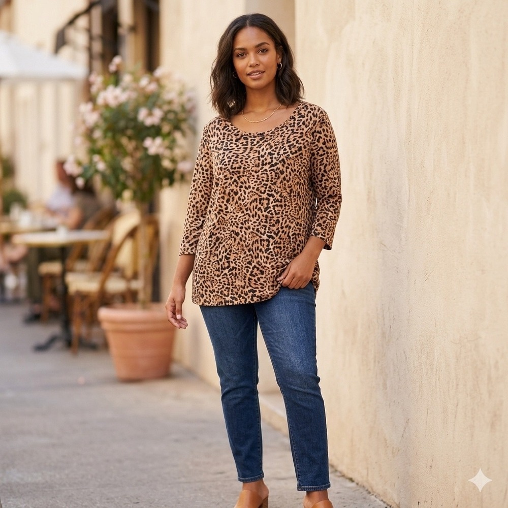 Chico's Leopard Print 3/4 Sleeve Scoop Neck Tunic Top Brown Black Size‎ 3 XL